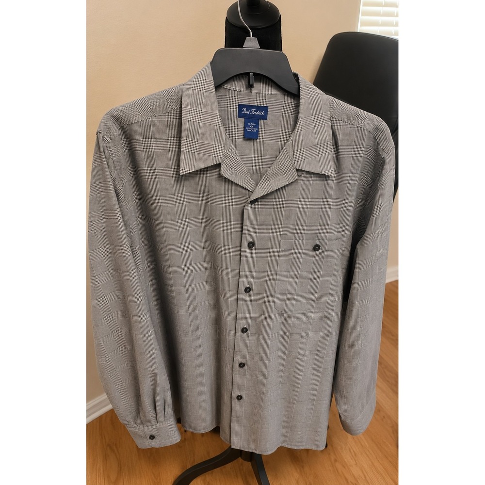 Paul Frederick Men's Beige Black Check Plaid 100% Silk Dress Shirt XL